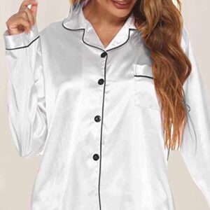 FAVIPT Lounge Sets For Women Silk Satin Pajama Set Plus Size Long Sleeve Button Sleep Shirt And Shorts Soft Sleepwear White