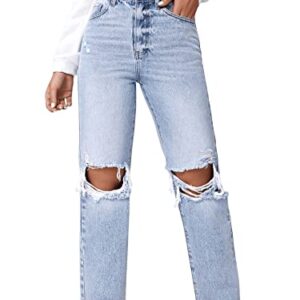 SweatyRocks Women's High Waist Ripped Distressed Cropped Jeans Straight Leg Denim Pants Light Wash L