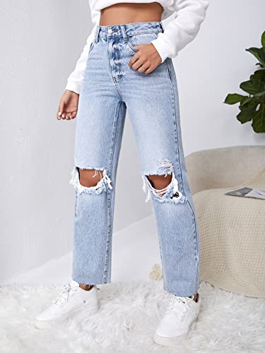 SweatyRocks Women's High Waist Ripped Distressed Cropped Jeans Straight Leg Denim Pants Light Wash L