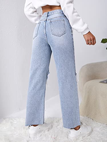 SweatyRocks Women's High Waist Ripped Distressed Cropped Jeans Straight Leg Denim Pants Light Wash L