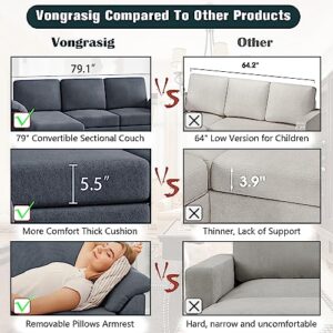 Vongrasig 79" Convertible Sectional Sofa Couch, 3 Seat L Shaped Sofa with Removable Pillows Linen Fabric Small Couch Mid Century for Living Room, Apartment and Office (Gray)