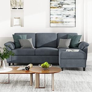 Vongrasig 79" Convertible Sectional Sofa Couch, 3 Seat L Shaped Sofa with Removable Pillows Linen Fabric Small Couch Mid Century for Living Room, Apartment and Office (Gray)