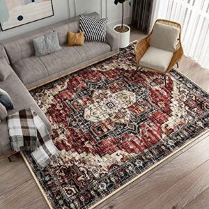 tnavill vintage area rug 5x7,machine washable boho rug for living room bedroom, non slip soft faux wool low pile, antique aesthetic persian medallion carpet for dining room, red brown