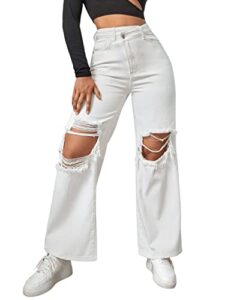 sweatyrocks women's straight wide leg high waisted jeans ripped distressed cut out denim pants white m