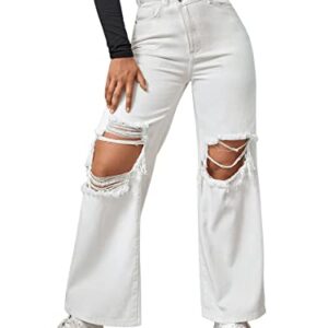 SweatyRocks Women's Straight Wide Leg High Waisted Jeans Ripped Distressed Cut Out Denim Pants White M