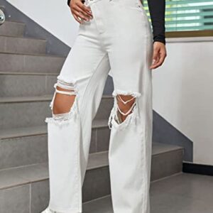 SweatyRocks Women's Straight Wide Leg High Waisted Jeans Ripped Distressed Cut Out Denim Pants White M
