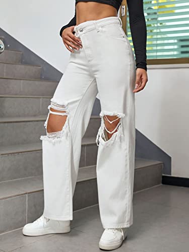 SweatyRocks Women's Straight Wide Leg High Waisted Jeans Ripped Distressed Cut Out Denim Pants White M