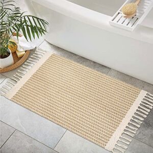 lahome boho bathroom rugs, small 2x3 front door mat lightweight kitchen rug woven cotton area rug with tassels, farmhouse non-shedding washable throw rug low pile carpet for entry laundry, khaki