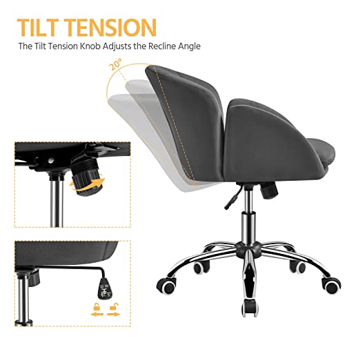 Yaheetech Cute Velvet Desk Chair for Home Office, Makeup Vanity Chair with Armrests for Bedroom Modern Swivel Rolling Chair for Women Dark Gray