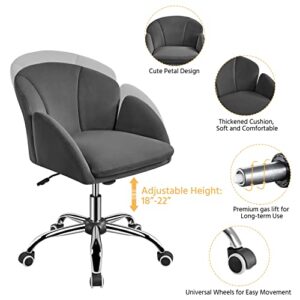 Yaheetech Cute Velvet Desk Chair for Home Office, Makeup Vanity Chair with Armrests for Bedroom Modern Swivel Rolling Chair for Women Dark Gray