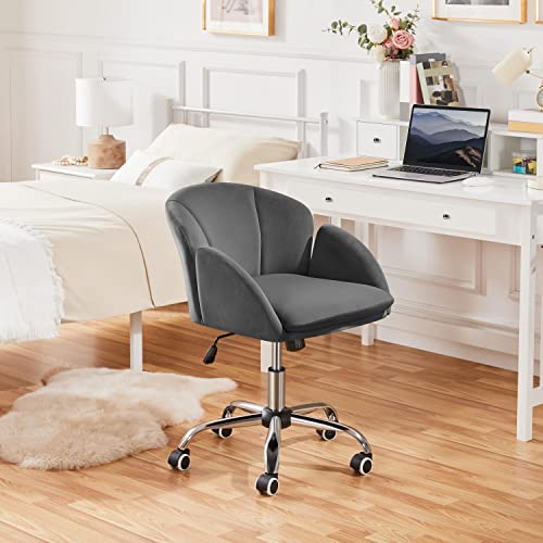 Yaheetech Cute Velvet Desk Chair for Home Office, Makeup Vanity Chair with Armrests for Bedroom Modern Swivel Rolling Chair for Women Dark Gray