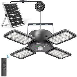 solar shed light indoor outdoor 1200lm 144led pendant light, motion sensor with upgrade 5 lighting modes & remote control 4-leaf 120°adjustable lights for home yard garage