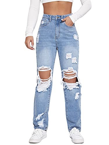 WDIRARA Women's High Waisted Ripped Straight Leg Jeans Cut Out Button Denim Pants Light Wash M