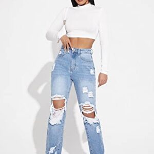 WDIRARA Women's High Waisted Ripped Straight Leg Jeans Cut Out Button Denim Pants Light Wash M