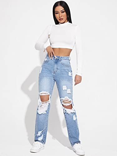 WDIRARA Women's High Waisted Ripped Straight Leg Jeans Cut Out Button Denim Pants Light Wash M