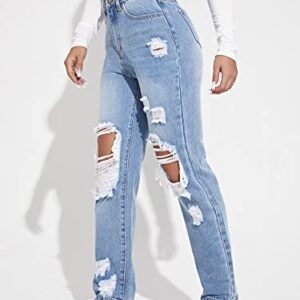 WDIRARA Women's High Waisted Ripped Straight Leg Jeans Cut Out Button Denim Pants Light Wash M