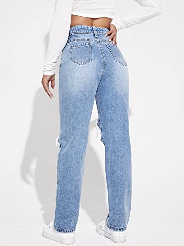 WDIRARA Women's High Waisted Ripped Straight Leg Jeans Cut Out Button Denim Pants Light Wash M