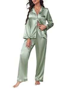 oyoangle women's satin long sleeve pajama set button down silk pj set sleepwear lounge set mint green xl