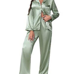 OYOANGLE Women's Satin Long Sleeve Pajama Set Button Down Silk Pj Set Sleepwear Lounge Set Mint Green XL