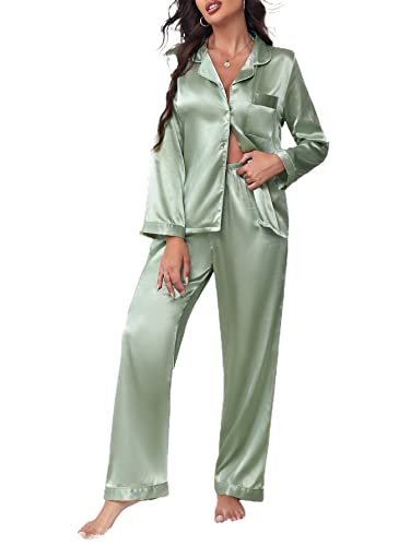 OYOANGLE Women's Satin Long Sleeve Pajama Set Button Down Silk Pj Set Sleepwear Lounge Set Mint Green XL