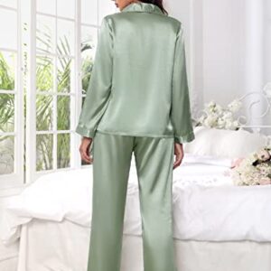 OYOANGLE Women's Satin Long Sleeve Pajama Set Button Down Silk Pj Set Sleepwear Lounge Set Mint Green XL