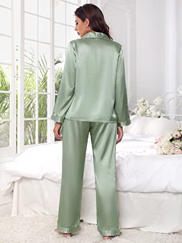 OYOANGLE Women's Satin Long Sleeve Pajama Set Button Down Silk Pj Set Sleepwear Lounge Set Mint Green XL