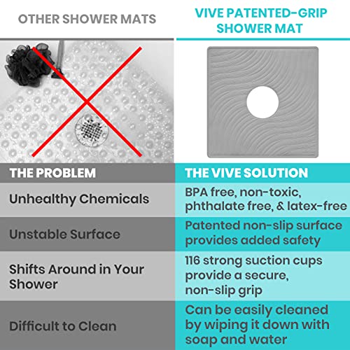 Vive Shower Mat - 22" by 22" Square Non Slip Large Bath Mat for Bathtub - Patented Design - Suction Cup Traction Skid Pad for Stalls Floors Tub - Textured Rubber with Drain Hole