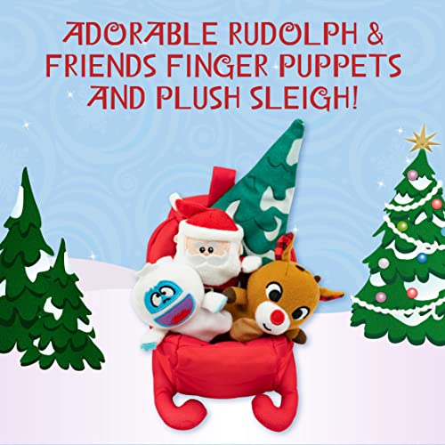 KIDS PREFERRED Christmas Rudolph The Red-Nosed Reindeer Finger Puppet Playset with Sleigh, 5 Pieces, Christmas Stuffed Animal Plush Toys, Finger Hands Party Toys (23133)