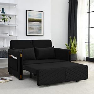 KIVENJAJA Convertible Sleeper Sofa Bed, Modern Velvet Loveseat Couch with Pull Out Bed, Small Love Seat Futon Sofa Bed with Headboard, 2 Pillows & Side Pockets for Living Room, 54” (Black)