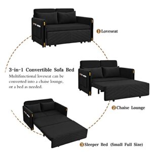 KIVENJAJA Convertible Sleeper Sofa Bed, Modern Velvet Loveseat Couch with Pull Out Bed, Small Love Seat Futon Sofa Bed with Headboard, 2 Pillows & Side Pockets for Living Room, 54” (Black)
