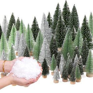 30pcs mini christmas trees with 10.6 ounces fake snow decoration, 5 sizes artificial christmas tree bottle brush trees artificial snow fake snow for christmas decoration crafts village displays