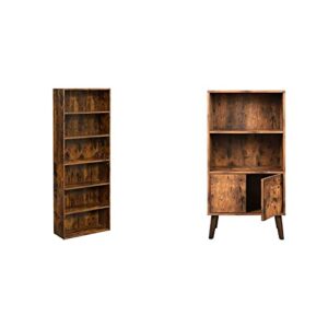 vasagle bookshelf, 6-tier open bookcase, rustic brown ulbc166x01 & retro bookcase, 2-tier bookshelf with doors, storage cabinet for books, photos, decorations, mid-century modern style, brown