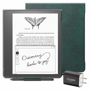 kindle scribe essentials bundle including kindle scribe (64 gb), premium pen, brush print leather folio cover with magnetic attach - foliage green, and power adapter