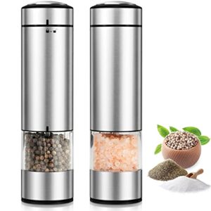 ouwman electric salt and pepper grinder set, [2 pack] automatic salt and pepper grinder set battery powered with led light, adjustable coarseness pepper mill, one hand operation, stainless steel