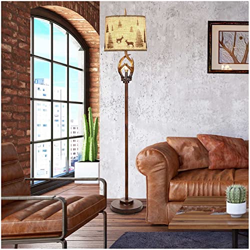 Scenekoy Rustic Farmhouse Antlers Floor Lamp with Nightlight Brown Finish Round Shade Lamps for Living Room Bedroom Office Study House