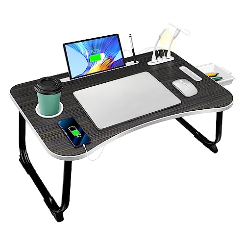 Bed Desk,Lap Table Tray with USB Charge Port,Cup Holder and Storage Drawer,Portable Laptop Stand for Sofa Floor Working Writing Reading (Black)