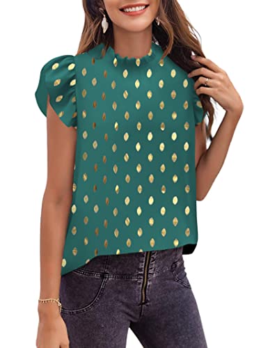 Avanova Women's Gold Dot Print Ruffle Cap Sleeve Frill Trim Crewneck Elegant Work Blouse Top Gold Dot Light Green X-Large