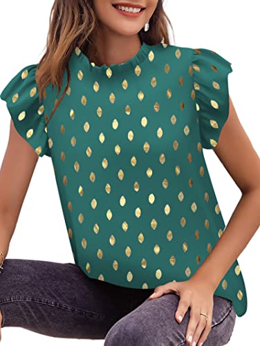 Avanova Women's Gold Dot Print Ruffle Cap Sleeve Frill Trim Crewneck Elegant Work Blouse Top Gold Dot Light Green X-Large