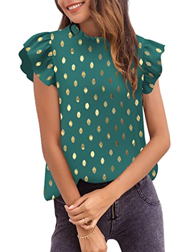 Avanova Women's Gold Dot Print Ruffle Cap Sleeve Frill Trim Crewneck Elegant Work Blouse Top Gold Dot Light Green X-Large