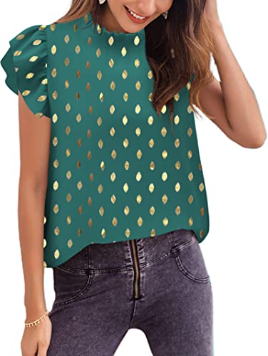 Avanova Women's Gold Dot Print Ruffle Cap Sleeve Frill Trim Crewneck Elegant Work Blouse Top Gold Dot Light Green X-Large