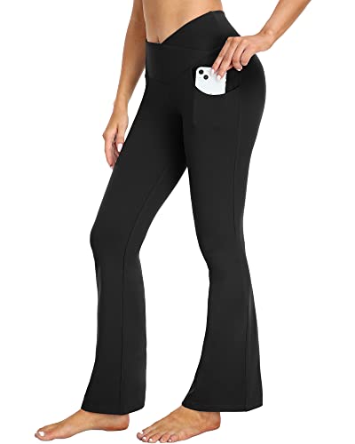 Women's V Crossover Flare Leggings with Pockets,Bootcut High Waisted Yoga Pants Tummy Control Workout Leggings,Black,M