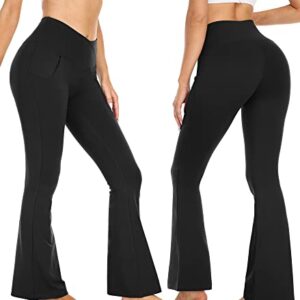 Women's V Crossover Flare Leggings with Pockets,Bootcut High Waisted Yoga Pants Tummy Control Workout Leggings,Black,M