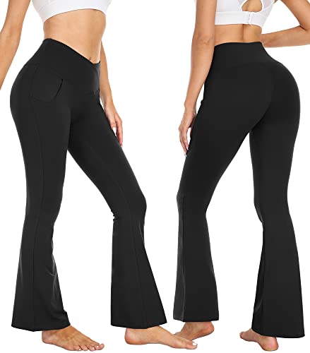 Women's V Crossover Flare Leggings with Pockets,Bootcut High Waisted Yoga Pants Tummy Control Workout Leggings,Black,M