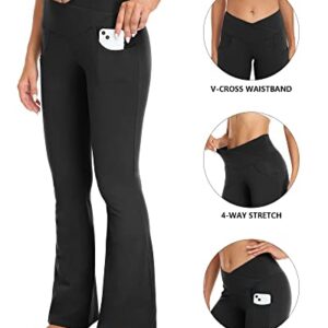 Women's V Crossover Flare Leggings with Pockets,Bootcut High Waisted Yoga Pants Tummy Control Workout Leggings,Black,M