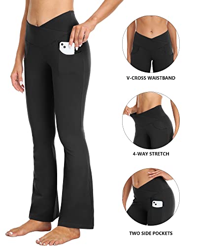 Women's V Crossover Flare Leggings with Pockets,Bootcut High Waisted Yoga Pants Tummy Control Workout Leggings,Black,M