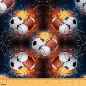 soccer upholstery fabric by the yard, ice fire basketball baseball indoor outdoor fabric, american football sports theme material, 3d craft patchwork for quilting sewing, 1 yard, black white orange