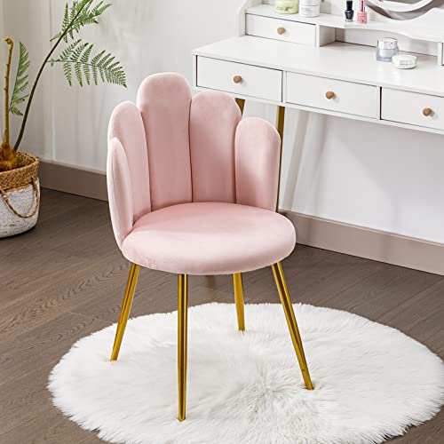 Okeysen Vanity Chair for Makeup Room - Mid Century Modern Accent Chair with Back Velvet Chair with Gold Legs, for Bedroom, Living Room (Pink)