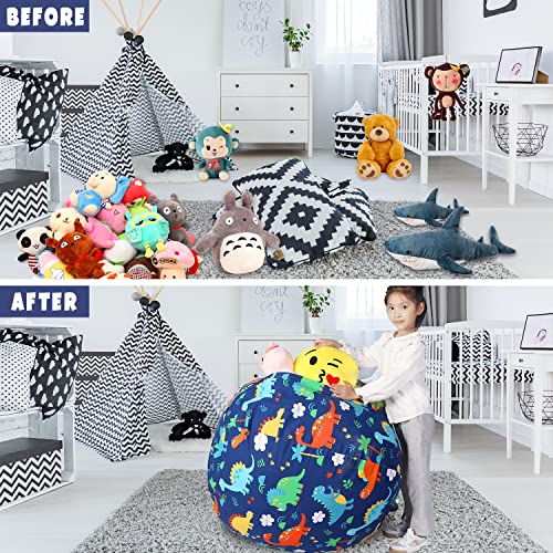 LOLOMLO Stuffed Animal Storage Bean Bag Chair Cover, Hold Kids Plush Toys Blankets Towels Beanbag (Cover Only), Floor Circle Stuff Sit Seat Sofa with YKK Zipper, Large 32", Canvas Dinosaur