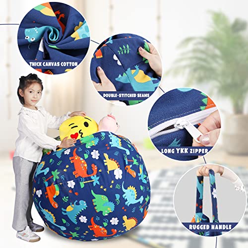 LOLOMLO Stuffed Animal Storage Bean Bag Chair Cover, Hold Kids Plush Toys Blankets Towels Beanbag (Cover Only), Floor Circle Stuff Sit Seat Sofa with YKK Zipper, Large 32", Canvas Dinosaur