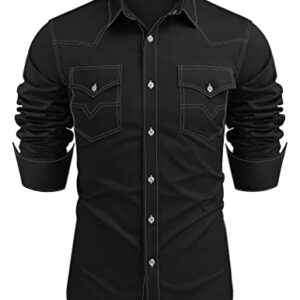 COOFANDY Mens Shirt Western Dress Long Sleeve Casual Cotton Button Down Denim Work, 01-Black, Large, Long Sleeve